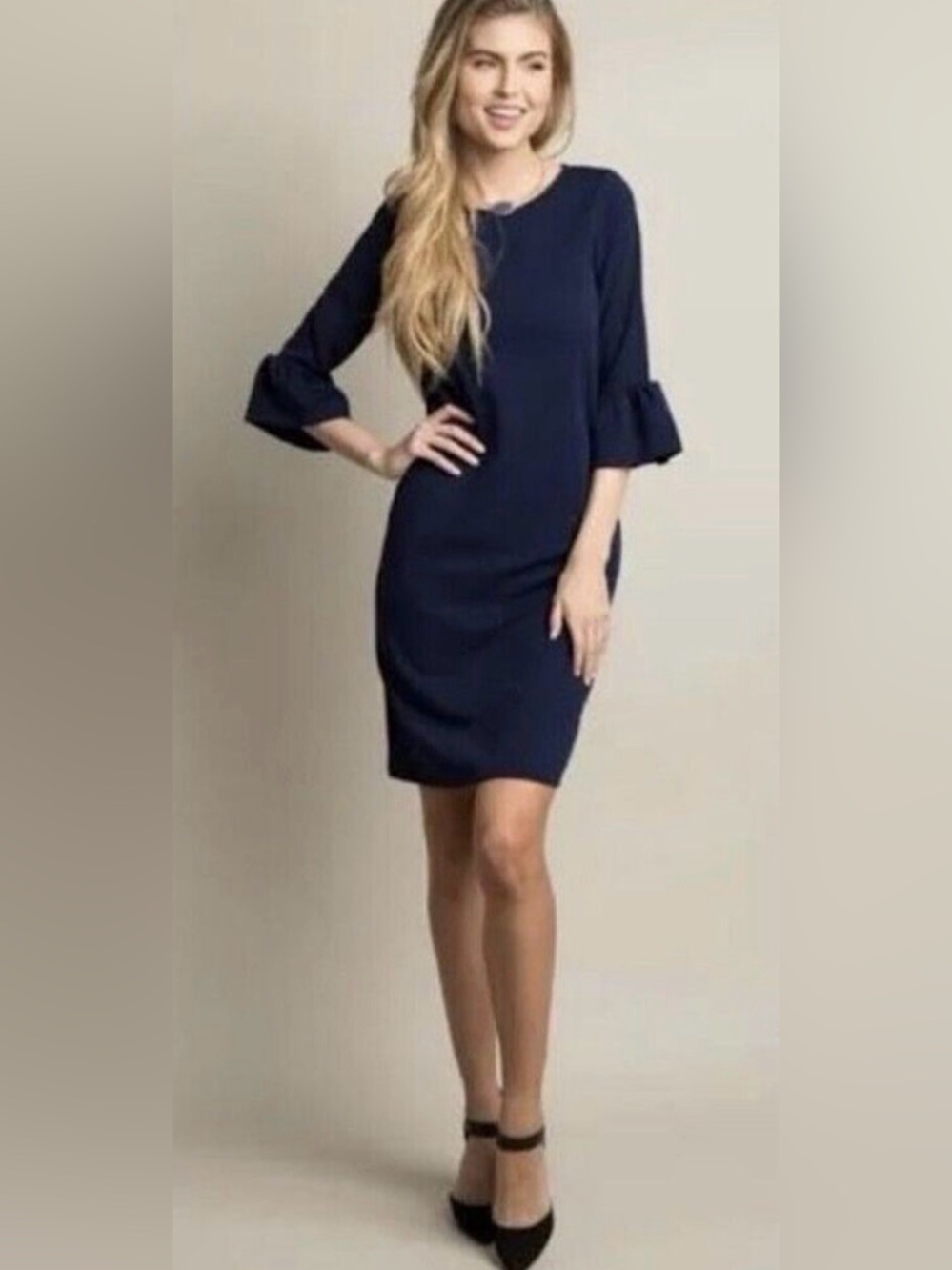 Boden Navy Dress with Ruffle Three-Quarter Sleeves